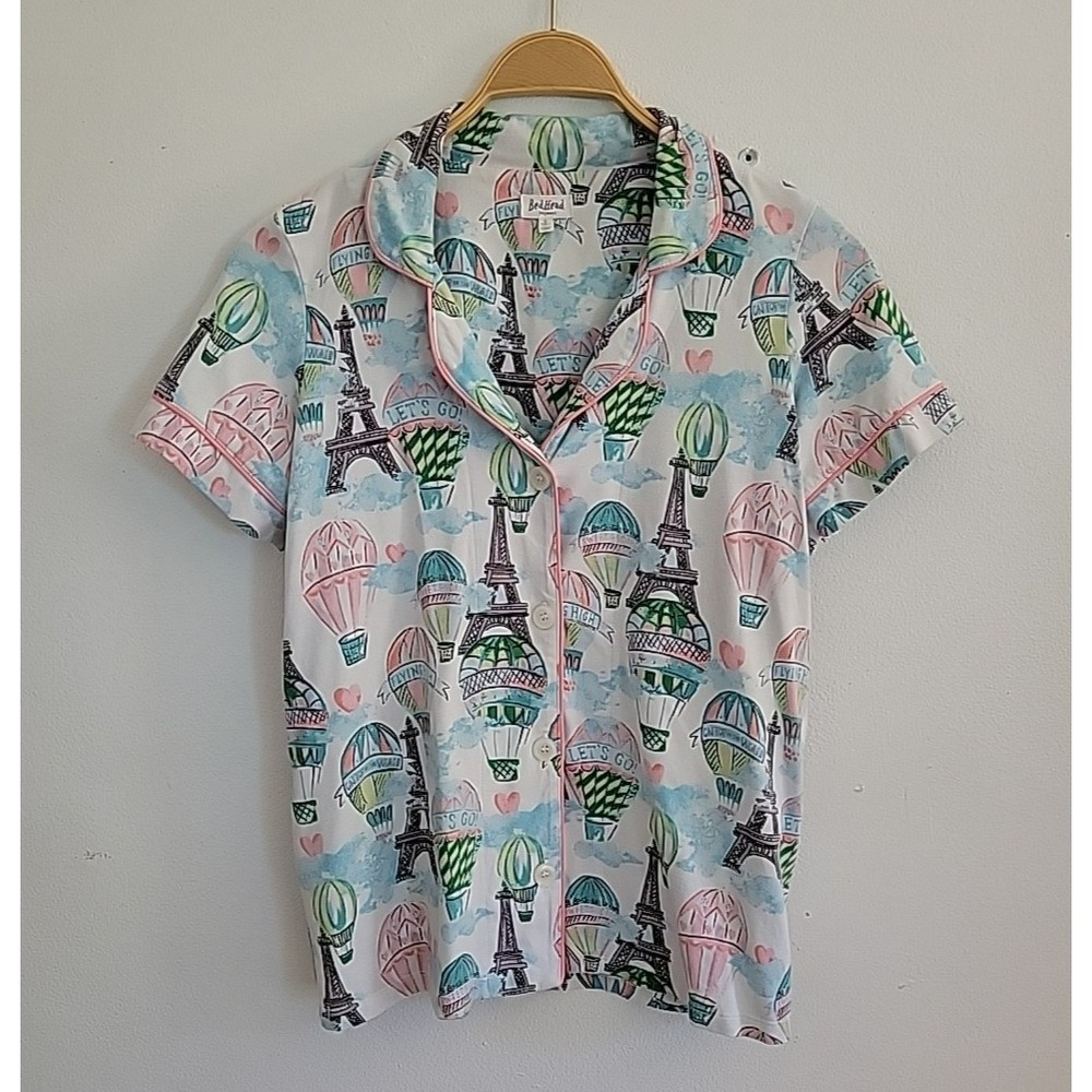 Bedhead Pajama Top Button Up Lounge Eiffle Tower Hot Air Balloon Print Casual